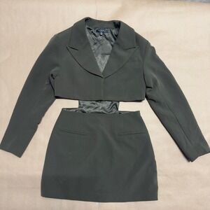 FORE Women Olive Green Cutout Blazer Mini‎ Dress Size M Long Sleeve Peak Lapel